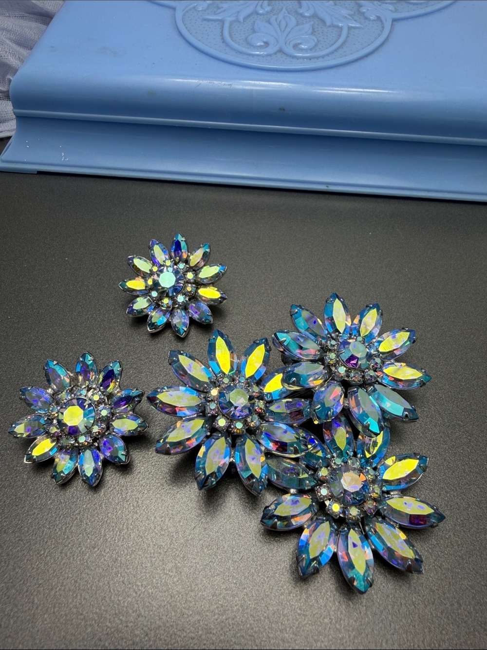Vintage Continental Brooch Set in Blue AB crystal  Box included